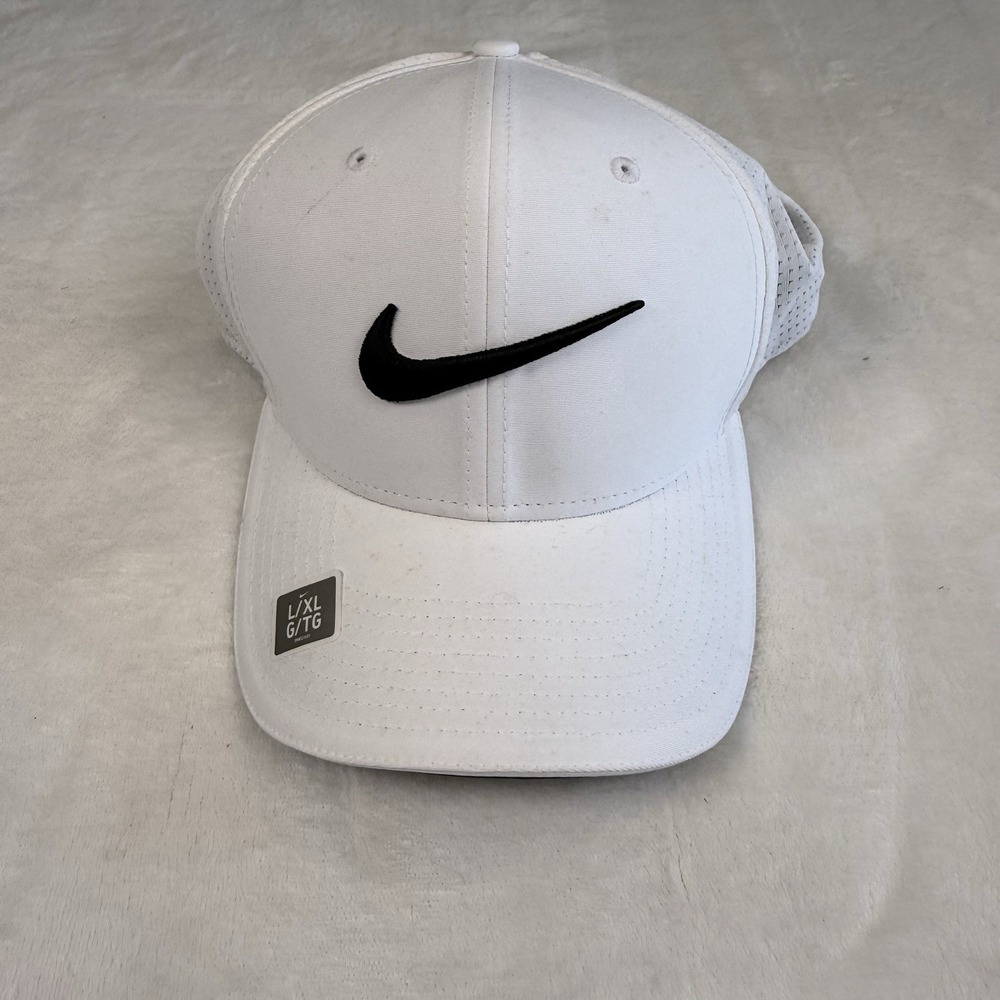 Nike Golf Dri-FIT Swoosh Flex Hat L/XL White Black Logo Fitted Cap NWT